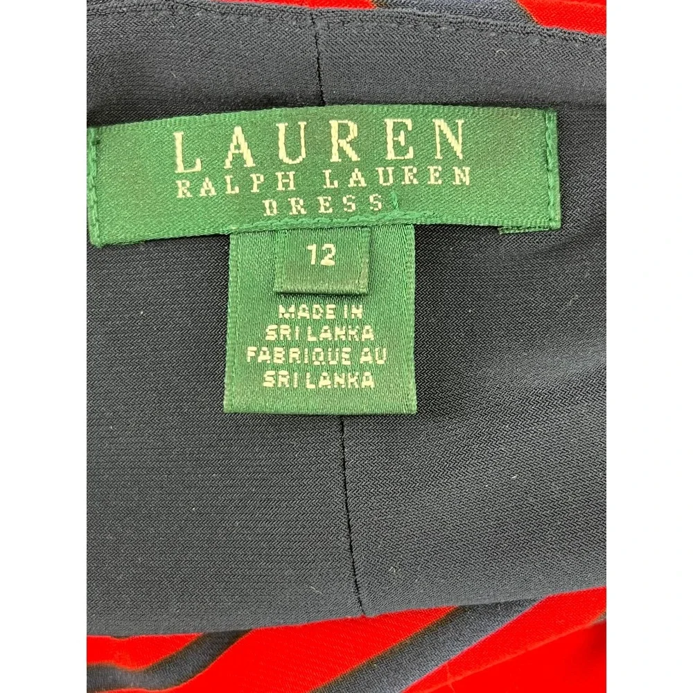 Lauren Ralph Lauren Red Navy Striped Cowl Neck Side Tie Sheath Dress 12 Slimming